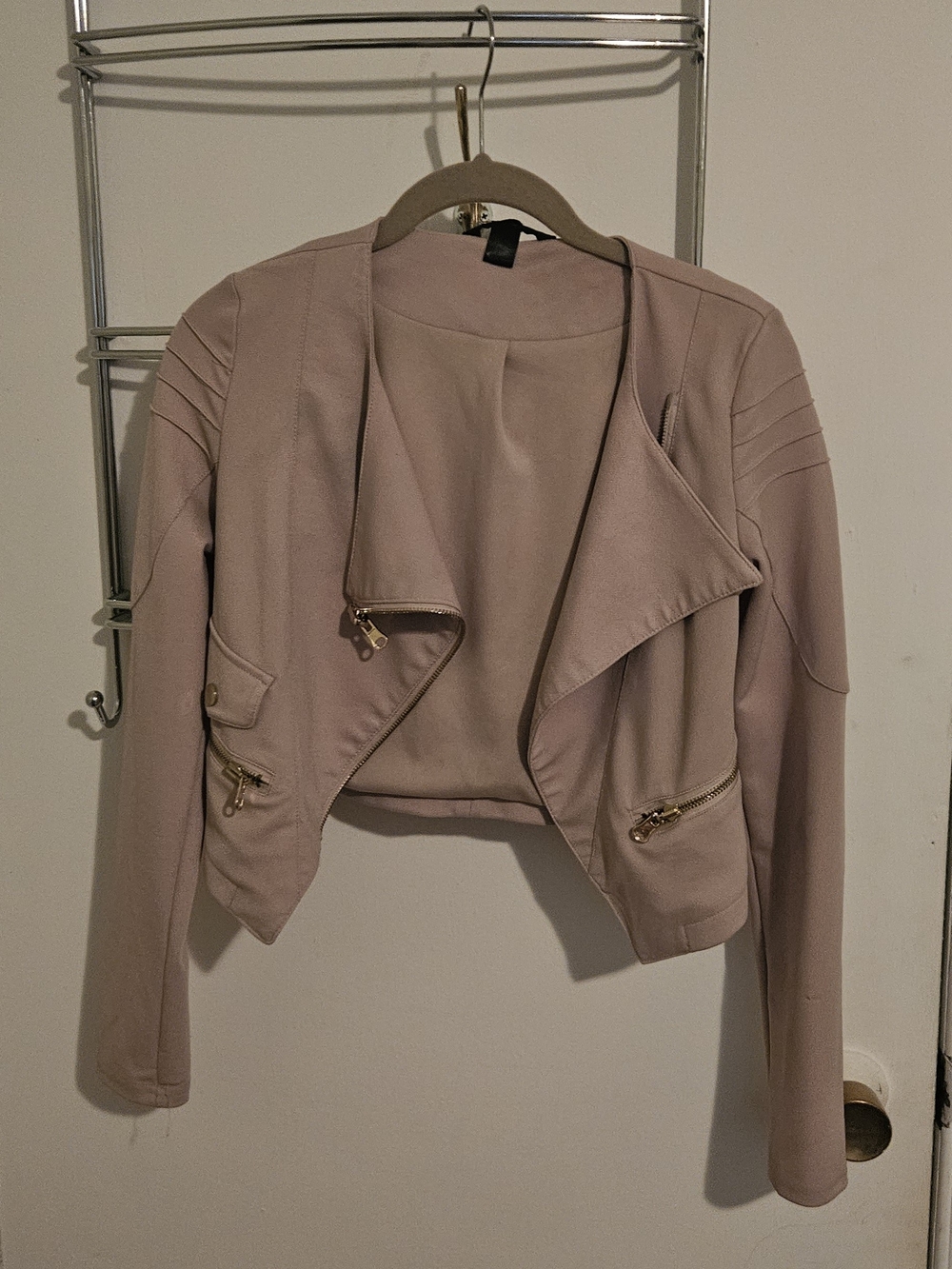 Women's Blush Cropped Moto Jacket with Gold Hardware